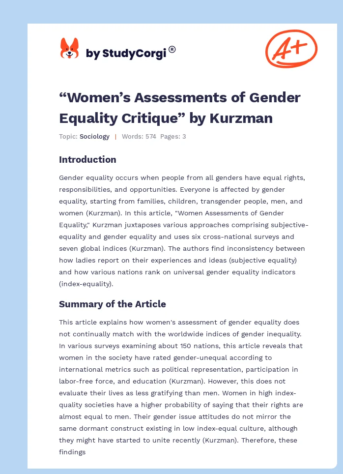 “Women’s Assessments of Gender Equality Critique” by Kurzman. Page 1