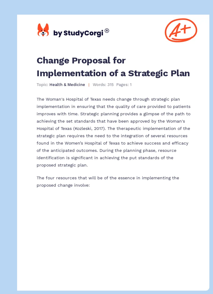 Change Proposal for Implementation of a Strategic Plan. Page 1