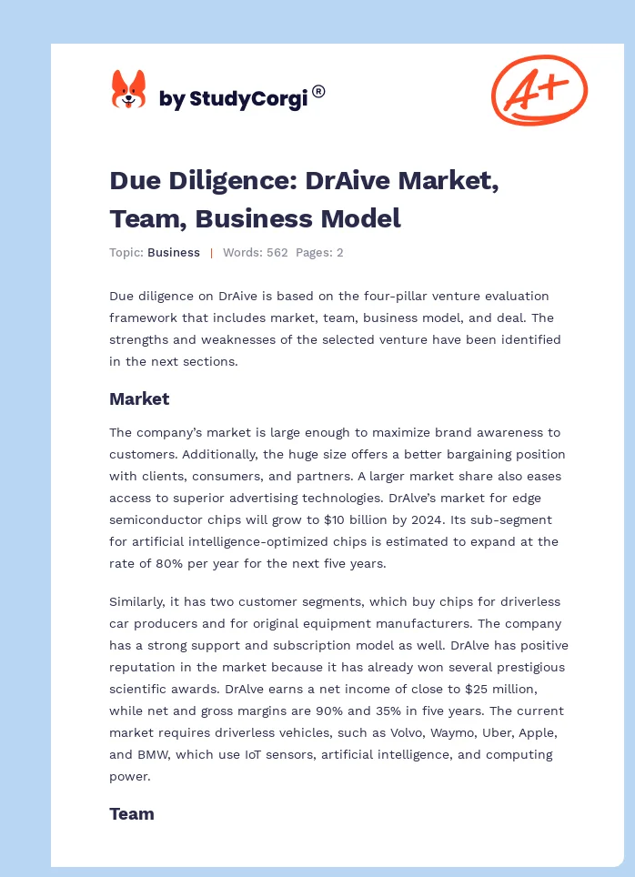 Due Diligence: DrAive Market, Team, Business Model. Page 1