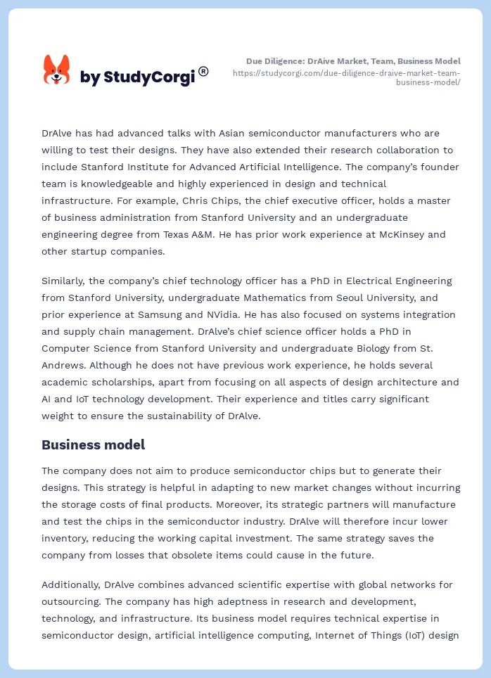 Due Diligence: DrAive Market, Team, Business Model. Page 2