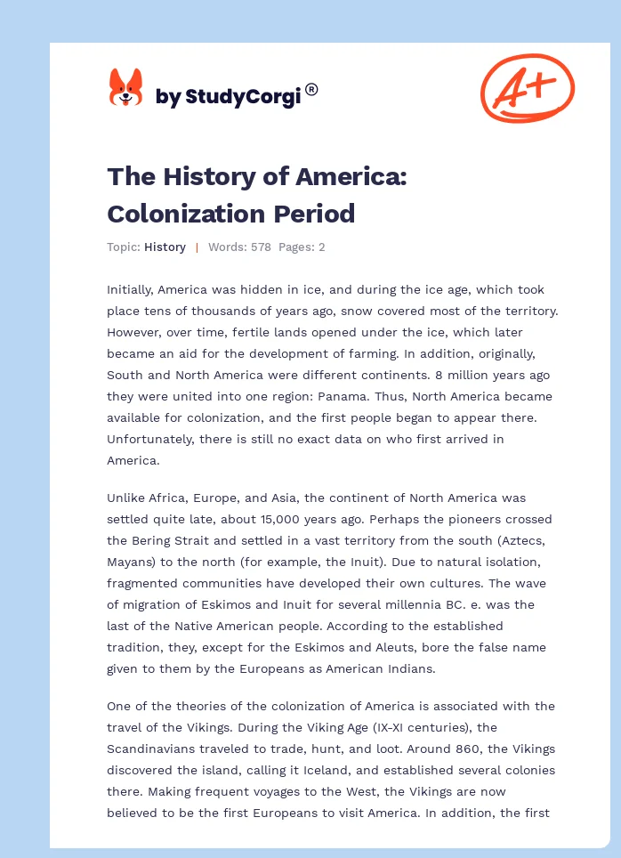 The History of America: Colonization Period. Page 1