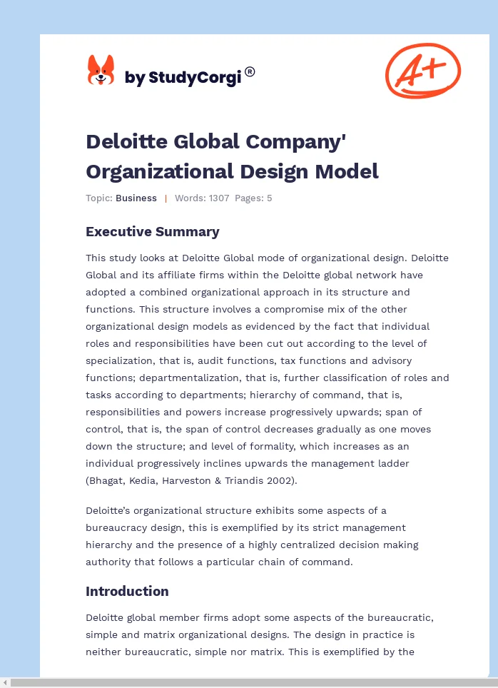 Deloitte Global Company' Organizational Design Model. Page 1