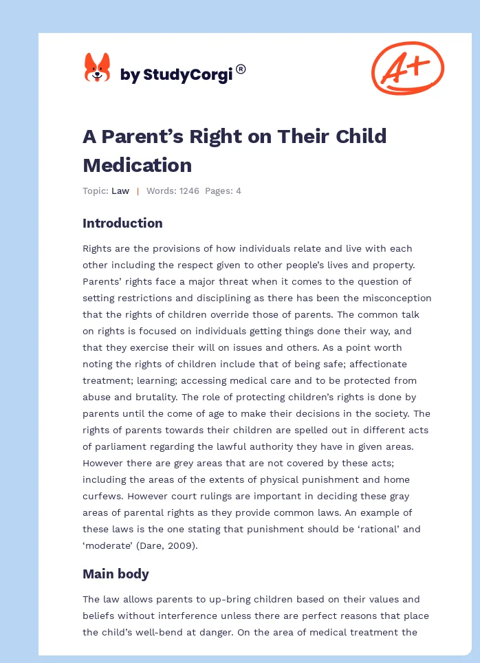 A Parent’s Right on Their Child Medication. Page 1