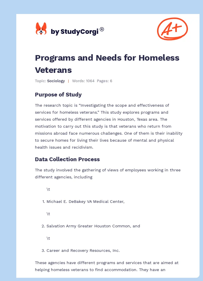 Programs and Needs for Homeless Veterans. Page 1