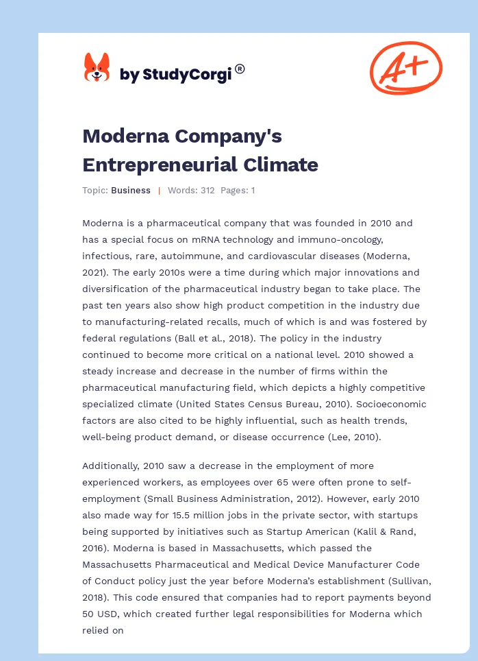 Moderna Company's Entrepreneurial Climate. Page 1