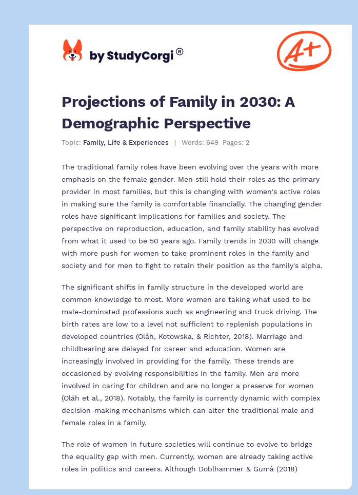 Projections of Family in 2030: A Demographic Perspective. Page 1