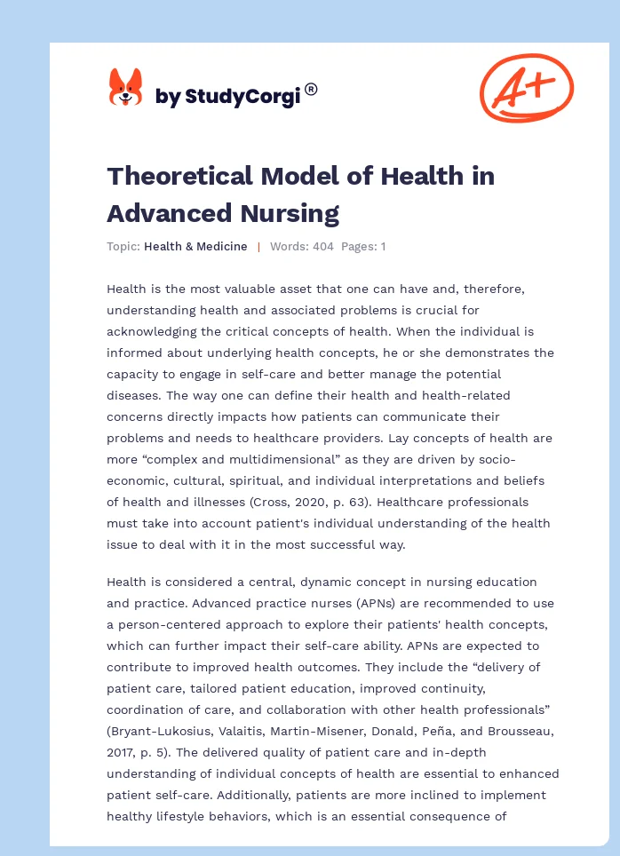 Theoretical Model of Health in Advanced Nursing. Page 1
