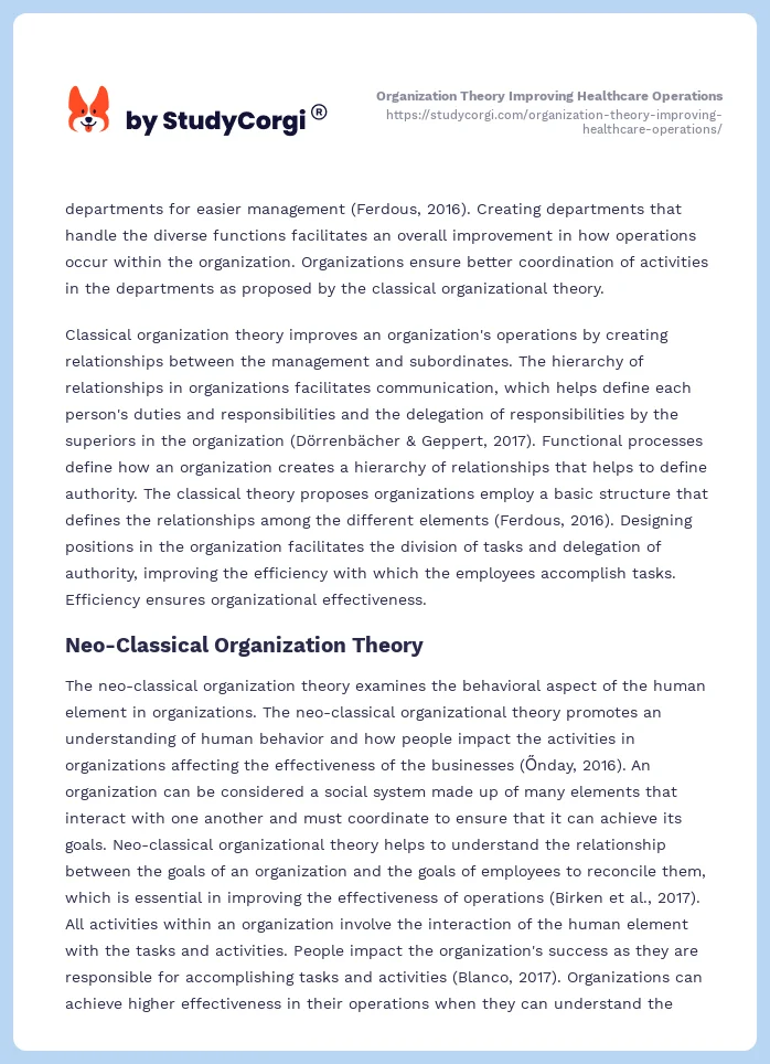 Organization Theory Improving Healthcare Operations. Page 2