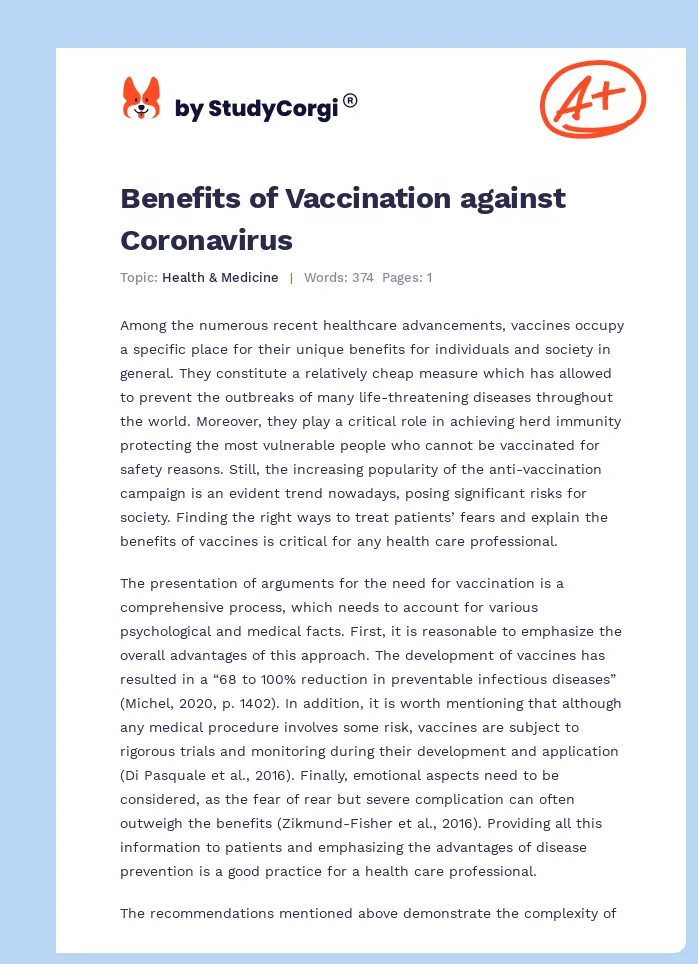 Benefits of Vaccination against Coronavirus. Page 1