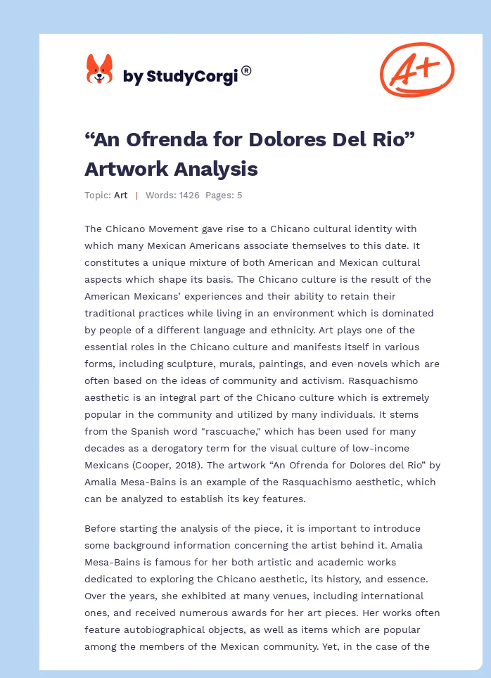 “An Ofrenda for Dolores Del Rio” Artwork Analysis. Page 1