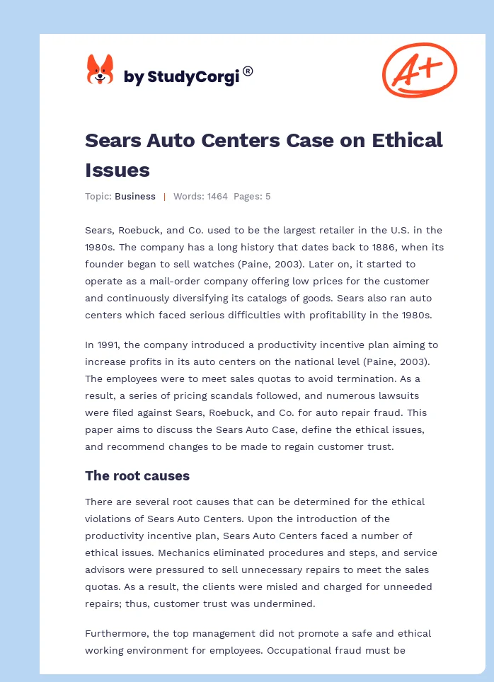 Sears Auto Centers Case on Ethical Issues. Page 1
