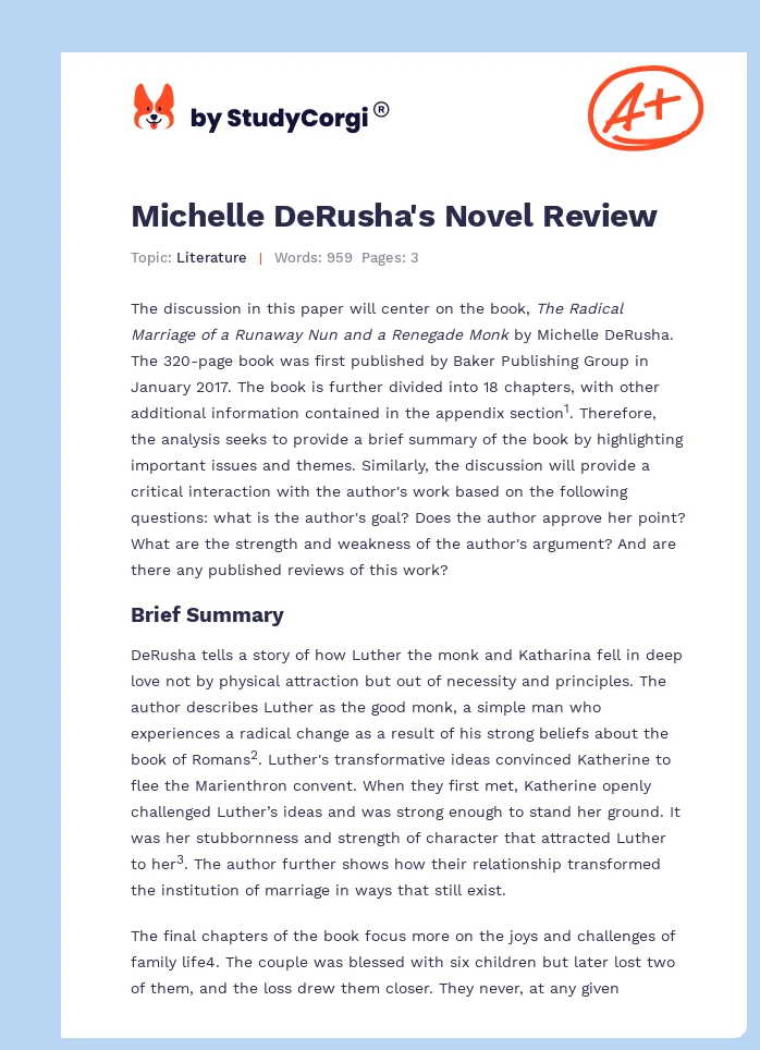 Michelle DeRusha's Novel Review | Free Essay Example