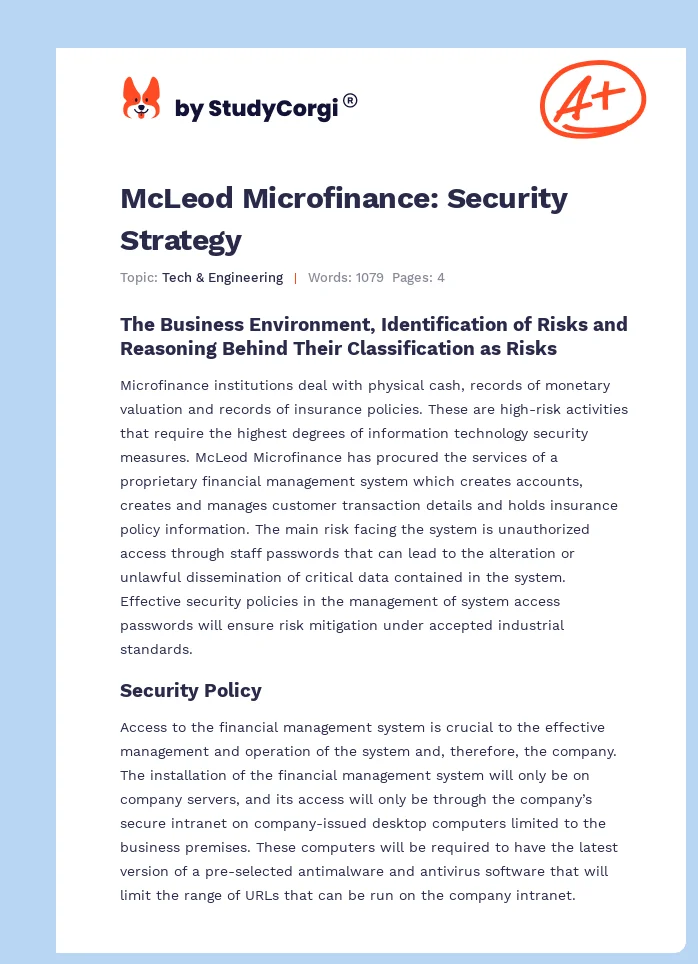 McLeod Microfinance: Security Strategy. Page 1