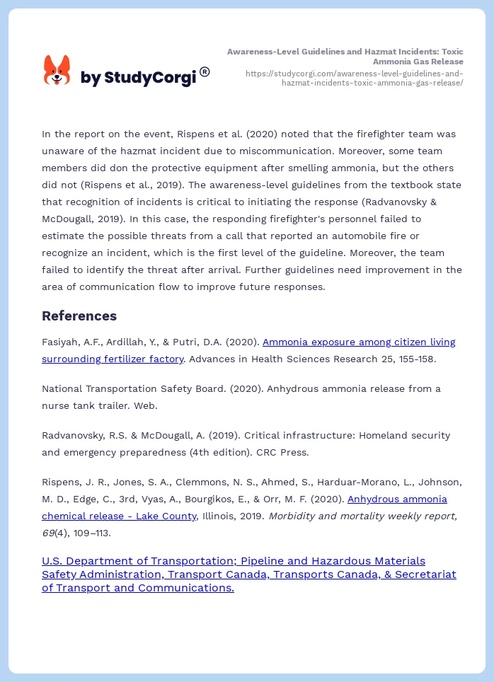 Awareness-Level Guidelines and Hazmat Incidents: Toxic Ammonia Gas Release. Page 2