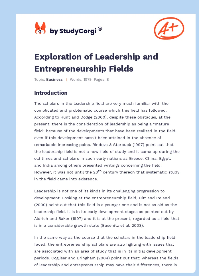 Exploration of Leadership and Entrepreneurship Fields. Page 1