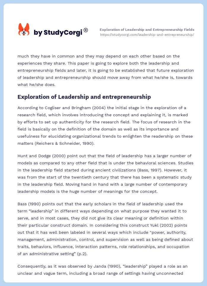 Exploration of Leadership and Entrepreneurship Fields. Page 2