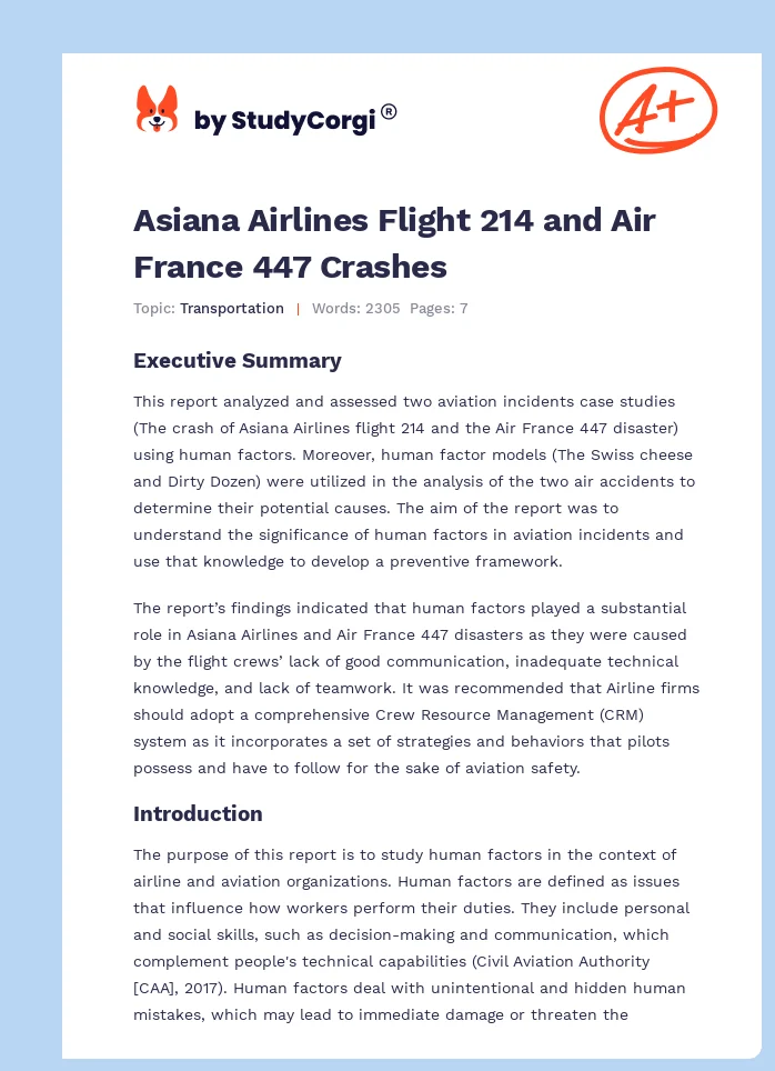 Asiana Airlines Flight 214 and Air France 447 Crashes. Page 1