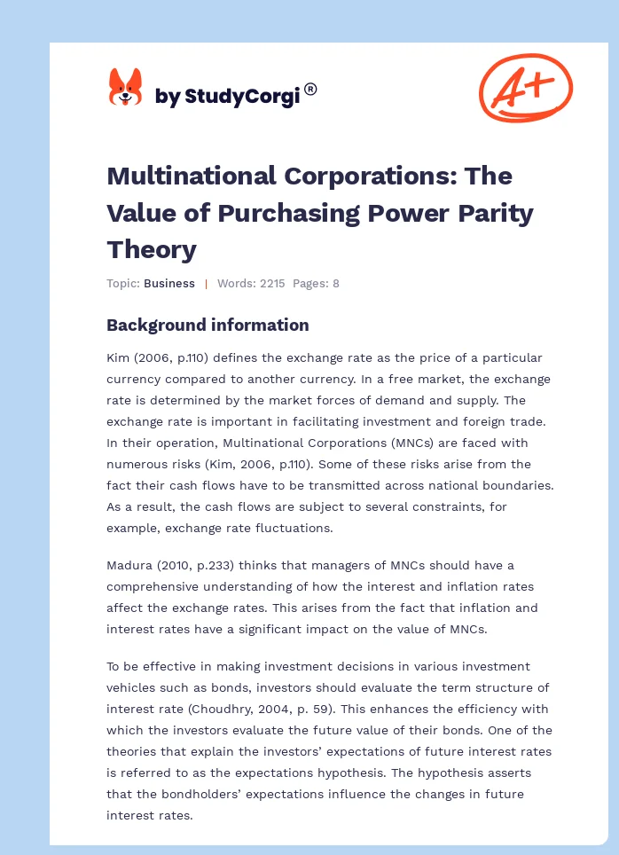 Multinational Corporations: The Value of Purchasing Power Parity Theory. Page 1