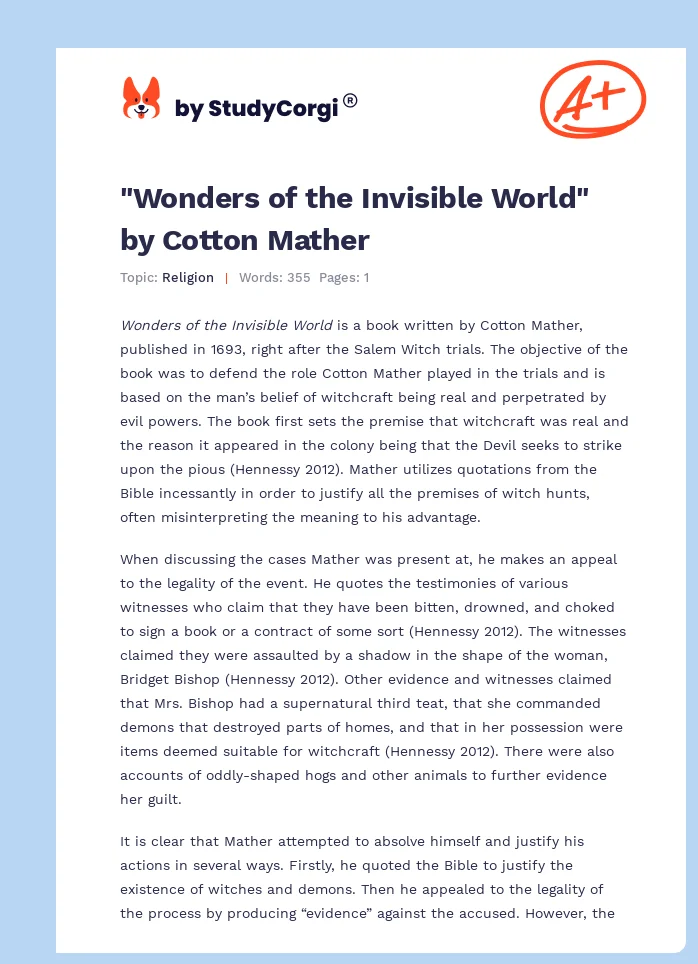 "Wonders of the Invisible World" by Cotton Mather. Page 1