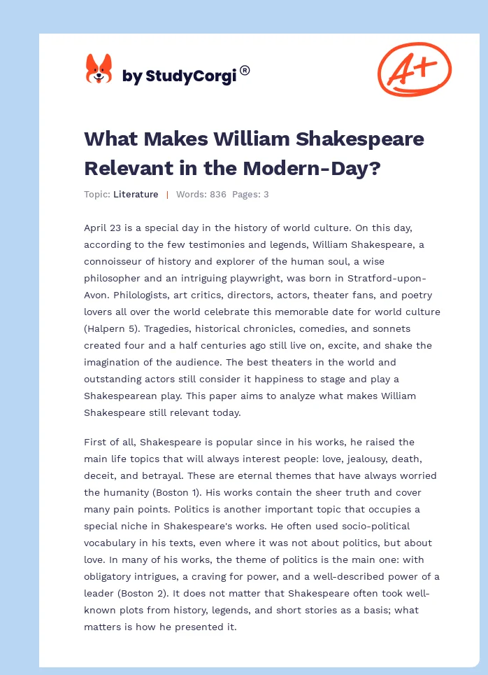What Makes William Shakespeare Relevant in the Modern-Day?. Page 1