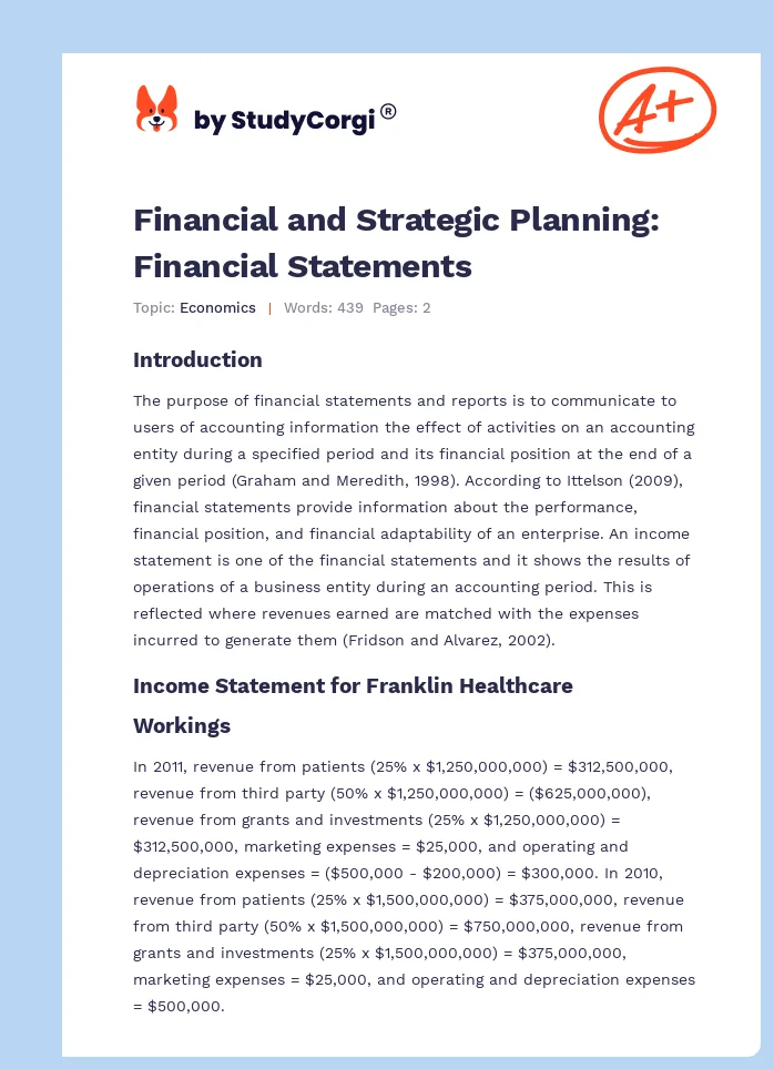 Financial and Strategic Planning: Financial Statements. Page 1