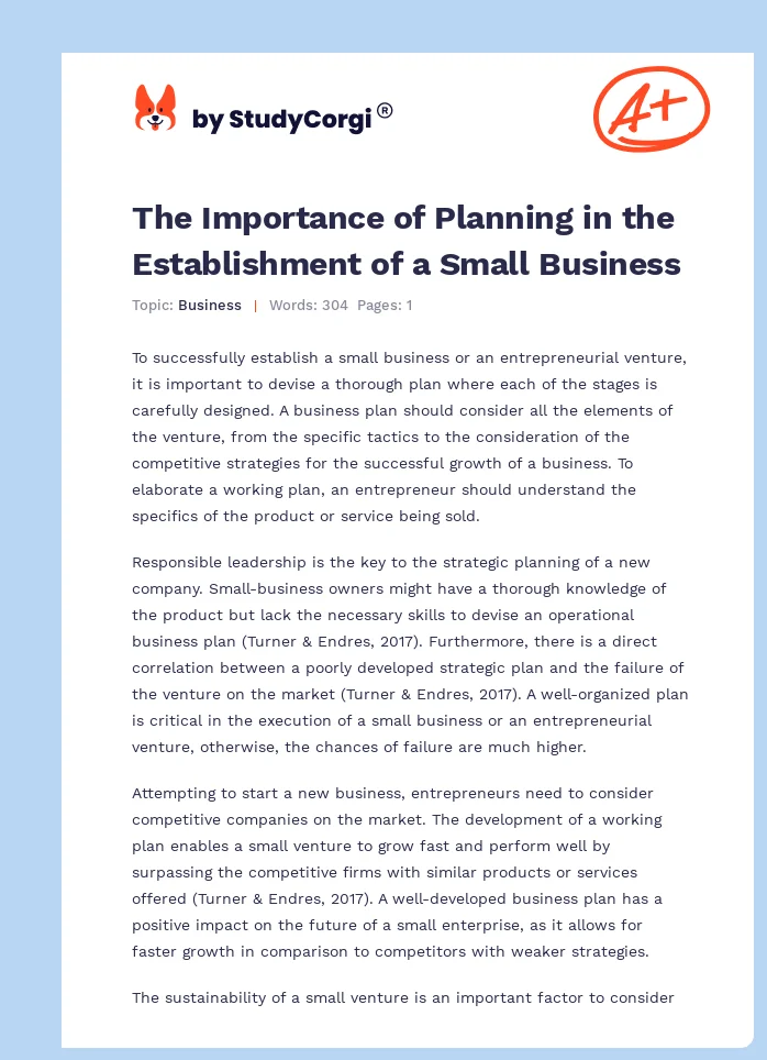 The Importance of Planning in the Establishment of a Small Business. Page 1