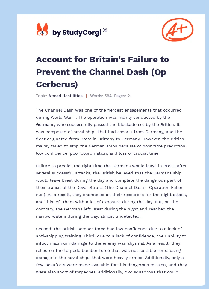 Account for Britain's Failure to Prevent the Channel Dash (Op Cerberus). Page 1