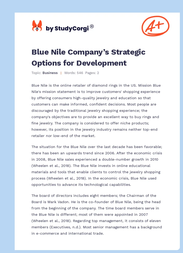 Blue Nile Company’s Strategic Options for Development. Page 1