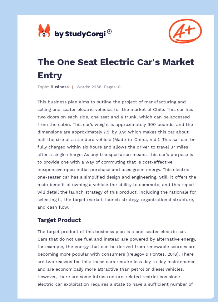 The One Seat Electric Car's Market Entry. Page 1