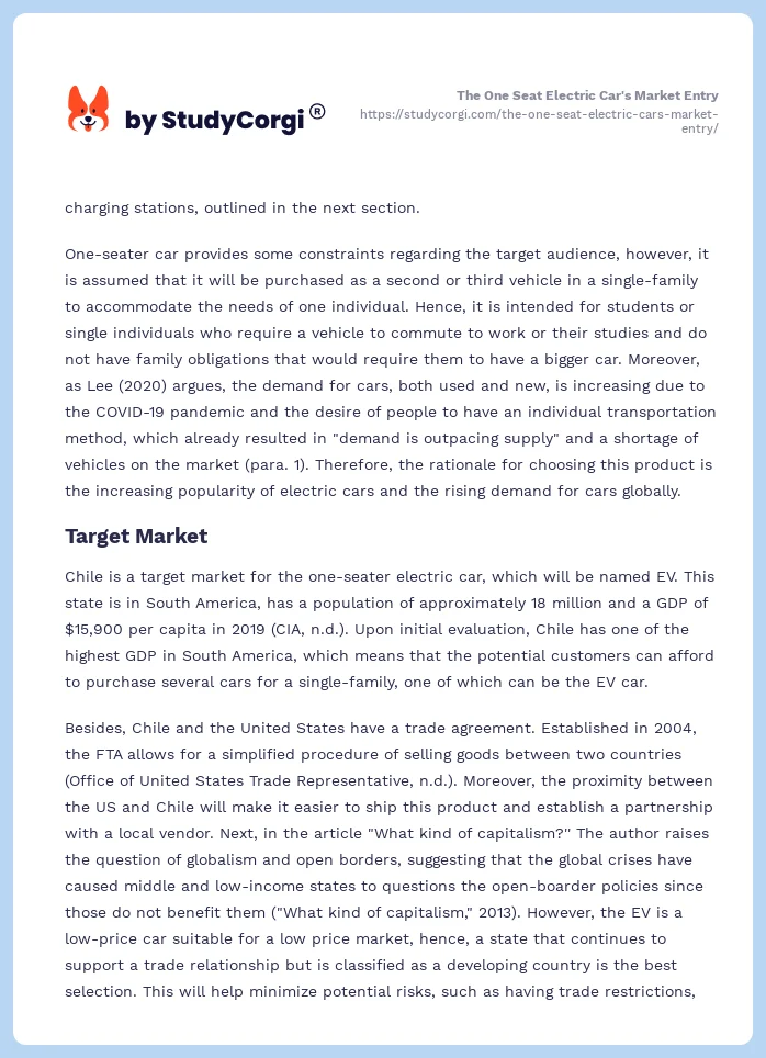 The One Seat Electric Car's Market Entry. Page 2