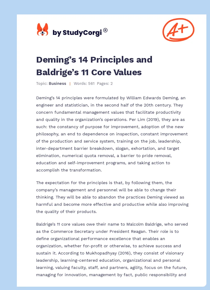 Deming’s 14 Principles and Baldrige’s 11 Core Values. Page 1