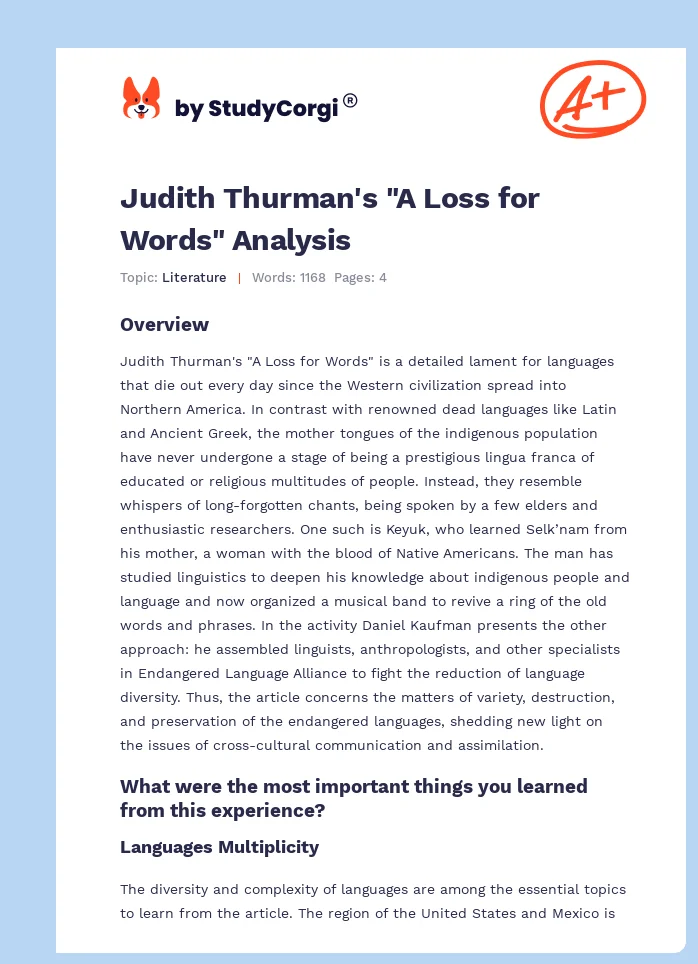 Judith Thurman's "A Loss for Words" Analysis. Page 1