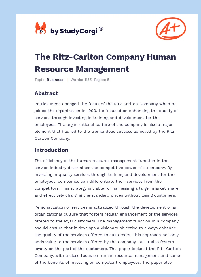 The Ritz-Carlton Company Human Resource Management. Page 1