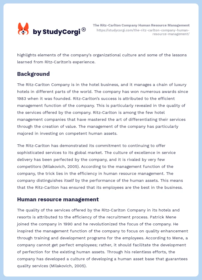 The Ritz-Carlton Company Human Resource Management. Page 2
