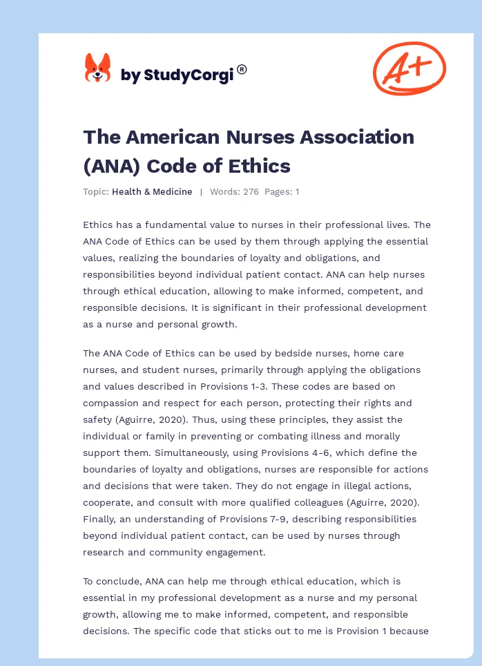The American Nurses Association (ANA) Code of Ethics. Page 1