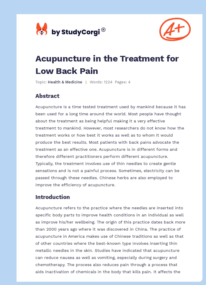 Acupuncture in the Treatment for Low Back Pain. Page 1