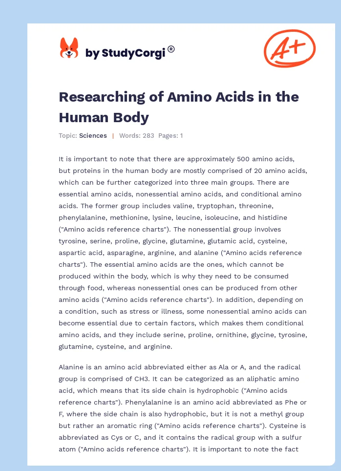 Researching of Amino Acids in the Human Body. Page 1