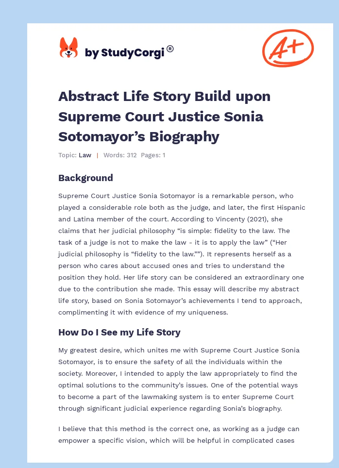 Abstract Life Story Build upon Supreme Court Justice Sonia Sotomayor’s Biography. Page 1