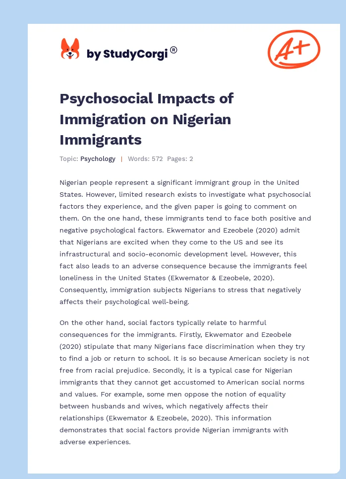 Psychosocial Impacts of Immigration on Nigerian Immigrants. Page 1