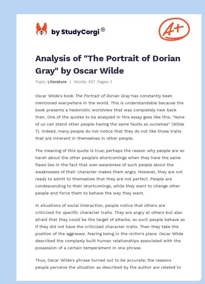 Analysis of "The Portrait of Dorian Gray" by Oscar Wilde. Page 1