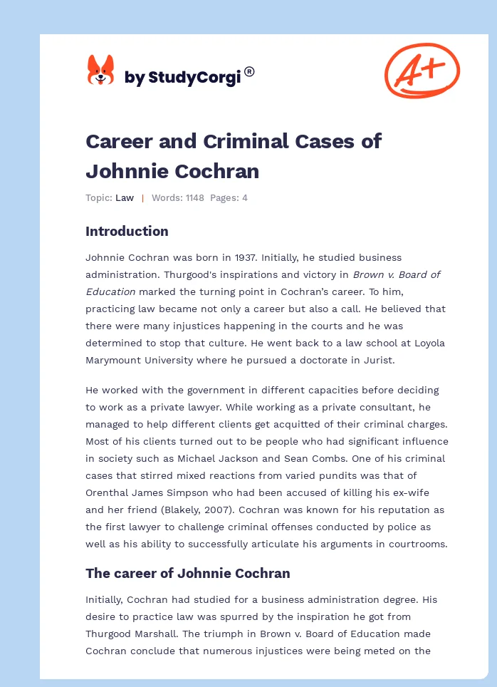 Career and Criminal Cases of Johnnie Cochran. Page 1