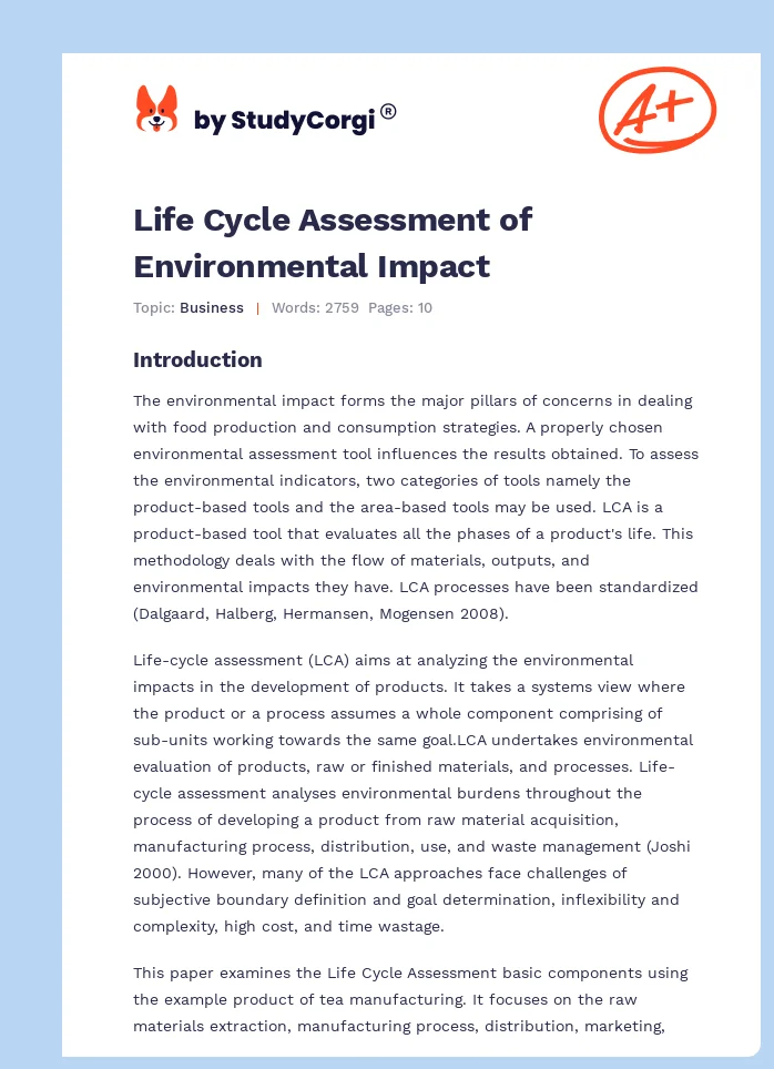 Life Cycle Assessment of Environmental Impact. Page 1