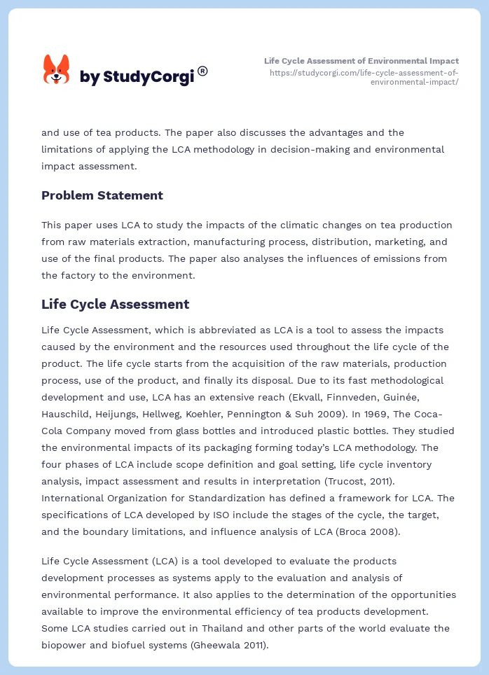 Life Cycle Assessment of Environmental Impact. Page 2