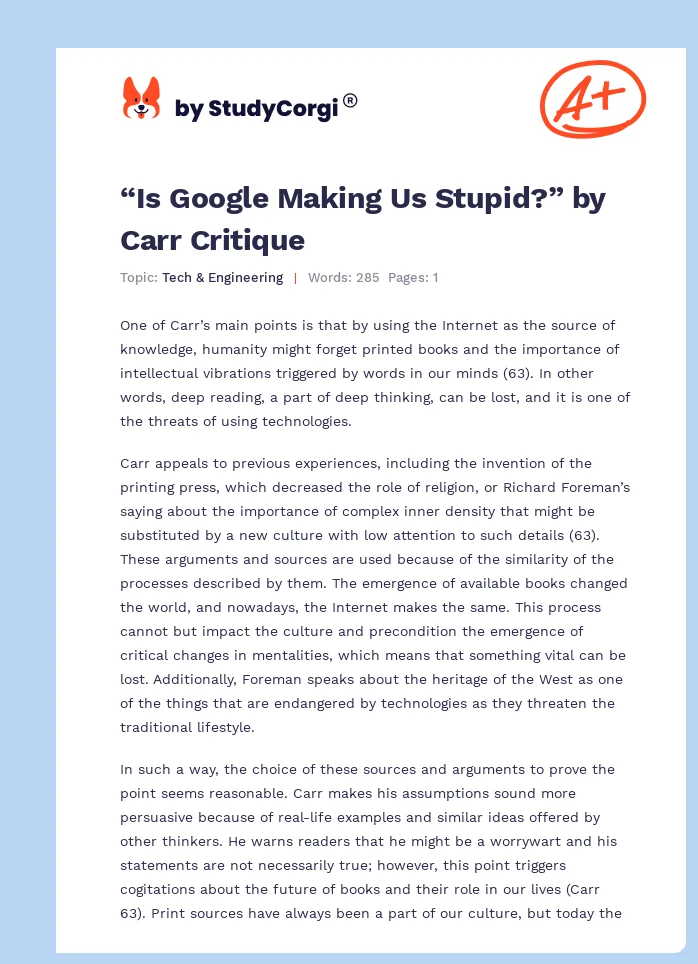 “Is Google Making Us Stupid?” by Carr Critique. Page 1