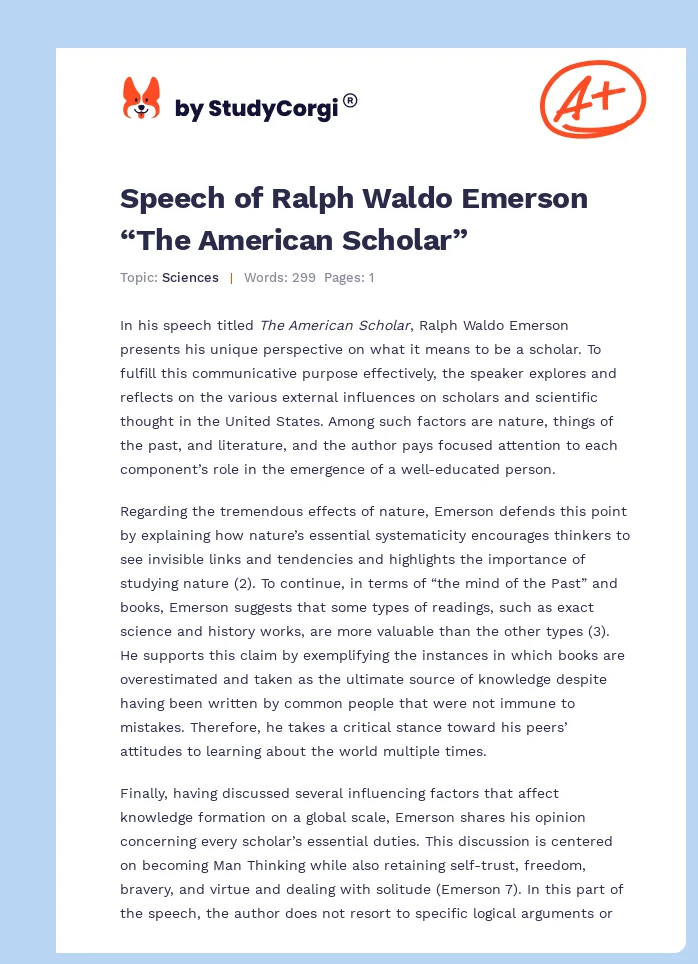 Speech Of Ralph Waldo Emerson The American Scholar Free Essay Example