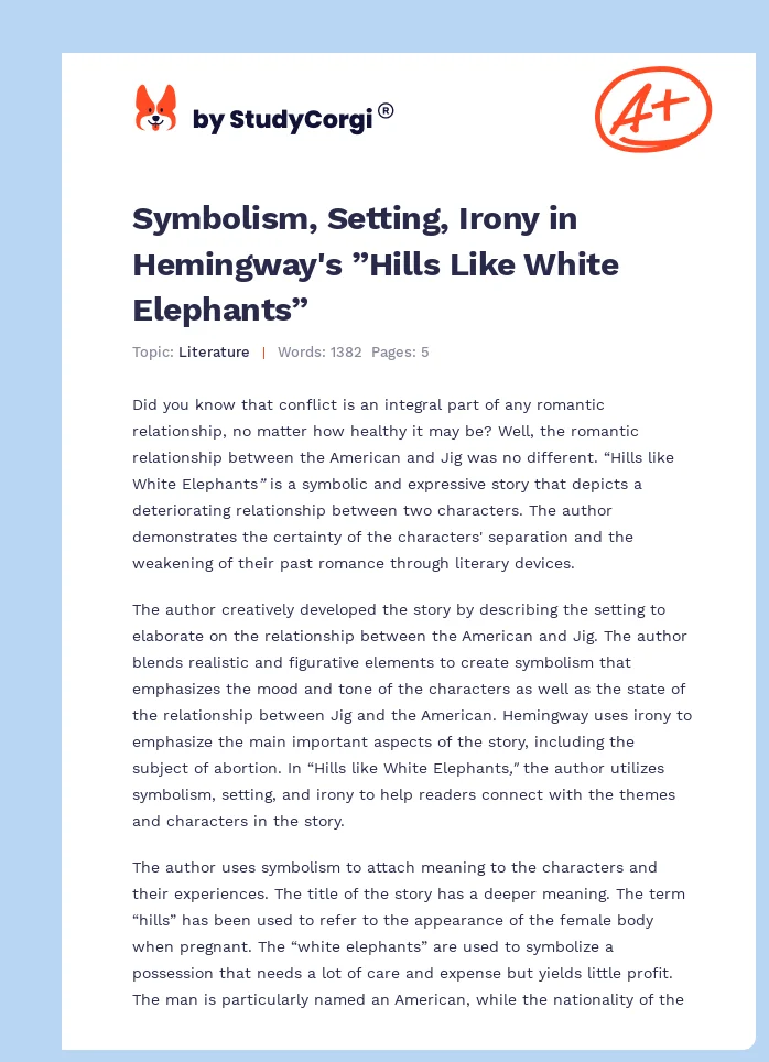 Symbolism, Setting, Irony in Hemingway's ”Hills Like White Elephants”. Page 1
