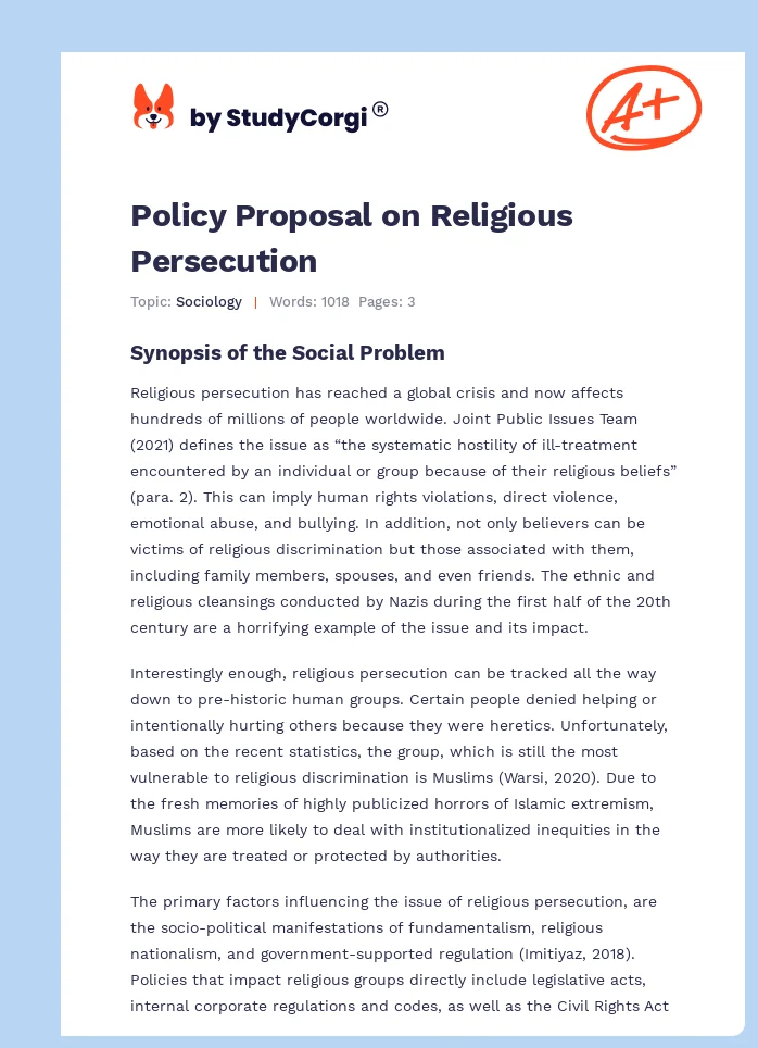Policy Proposal on Religious Persecution. Page 1