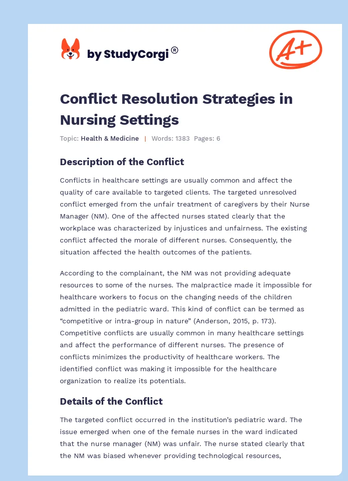 Conflict Resolution Strategies in Nursing Settings. Page 1