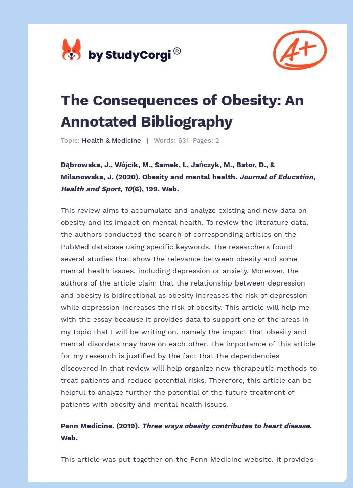 The Consequences of Obesity: An Annotated Bibliography. Page 1