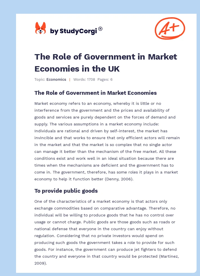 The Role of Government in Market Economies in the UK. Page 1